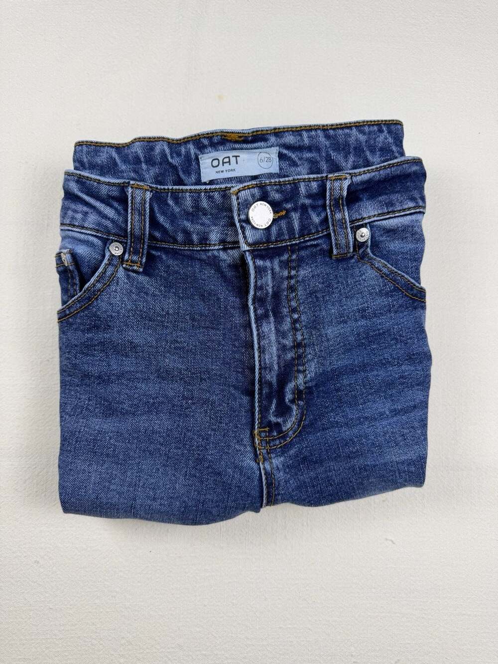 OAT New York High Rise Straight Leg Jeans 6/28 Medium Wash Raw Hem Stretch